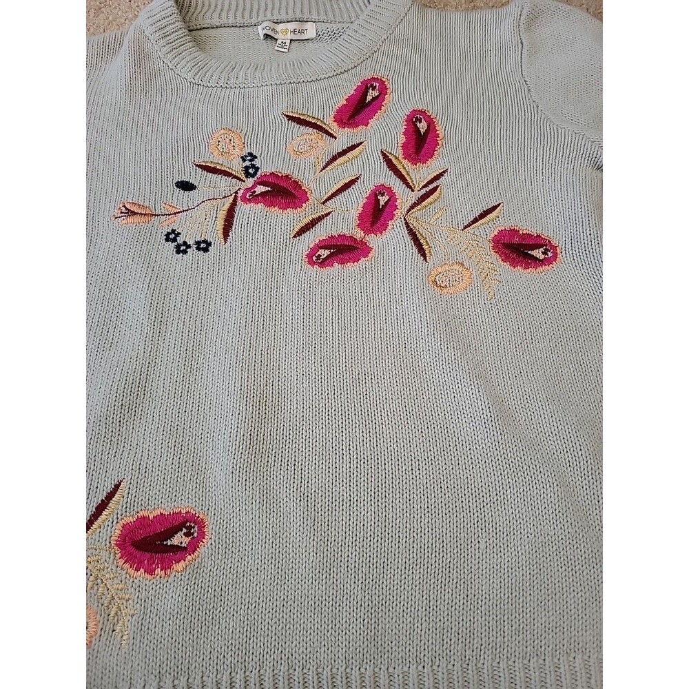 Womens Crewneck Sweater Medium Blue Embroidered Floral Cottage Core Granny Boho - Picture 5 of 10